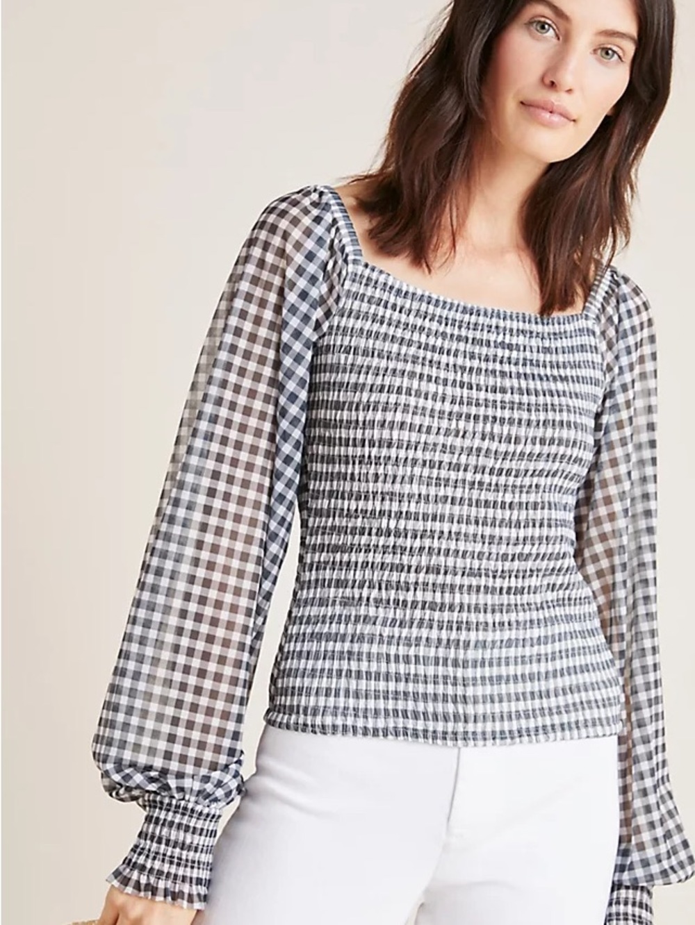 Anthropologie Rouen Top Size S Smocked Gingham puff-Sleeve Top - Black & White